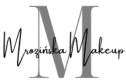 Logo przedstawiające dużą, szarą literę "M" w tle, na którą nałożony jest czarny, ozdobny napis odręczny "Mrozińska Makeup". Stylistyka jest minimalistyczna i elegancka.